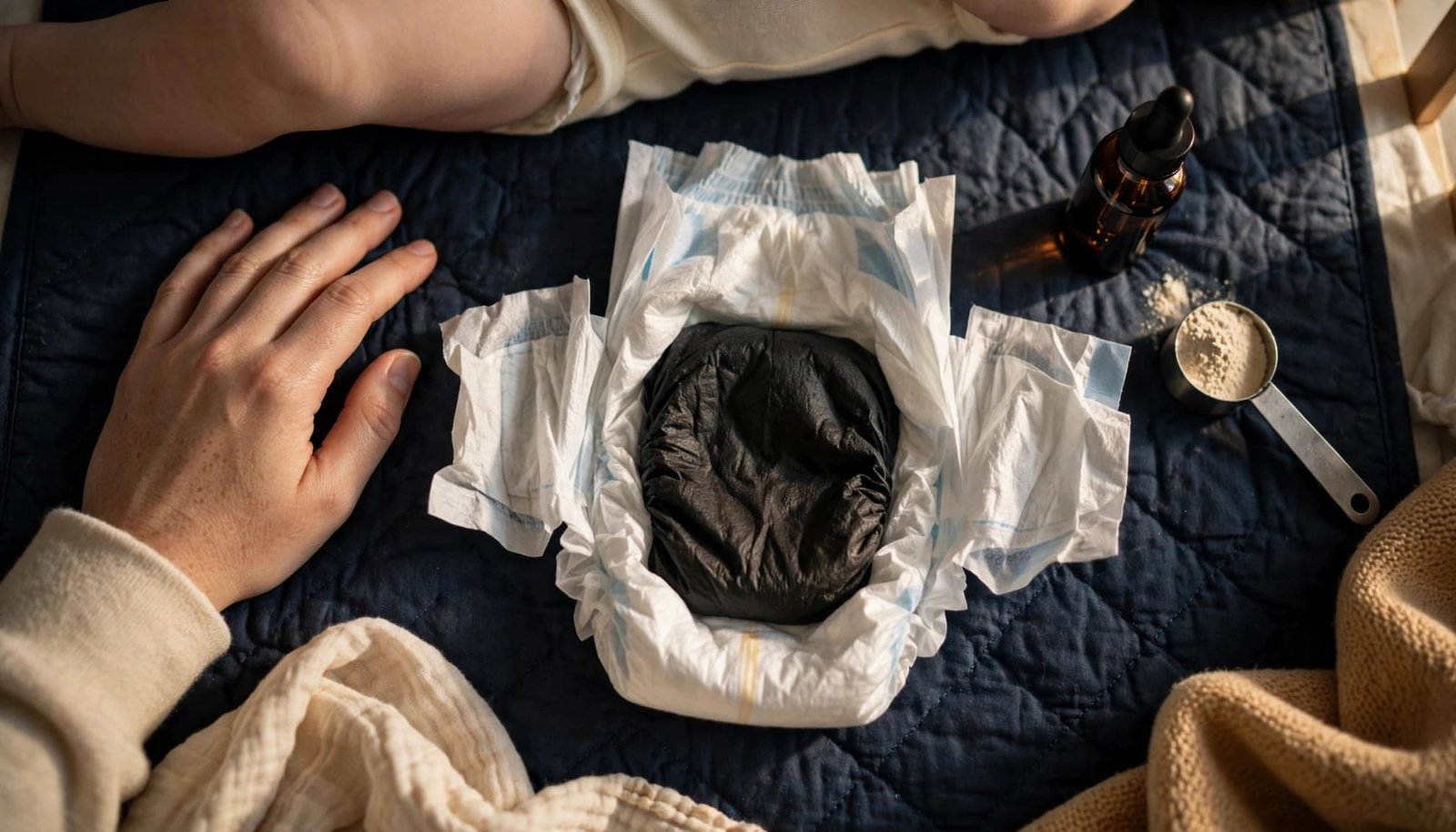 Caregiver’s hand beside an open diaper, iron drops, and a formula scoop on a changing pad.