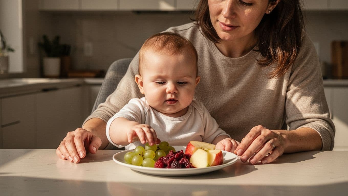 Caregiver watches an upright baby beside safely prepared fruit at a kitchen table.