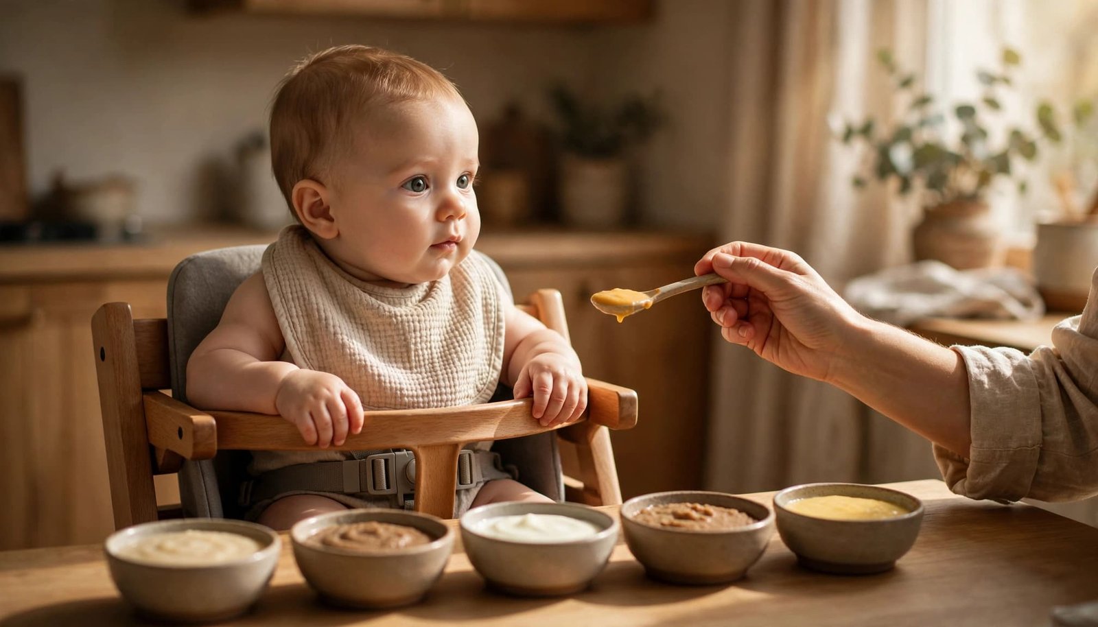 Baby in a high chair receives a spoonful of puree beside bowls of soft foods.