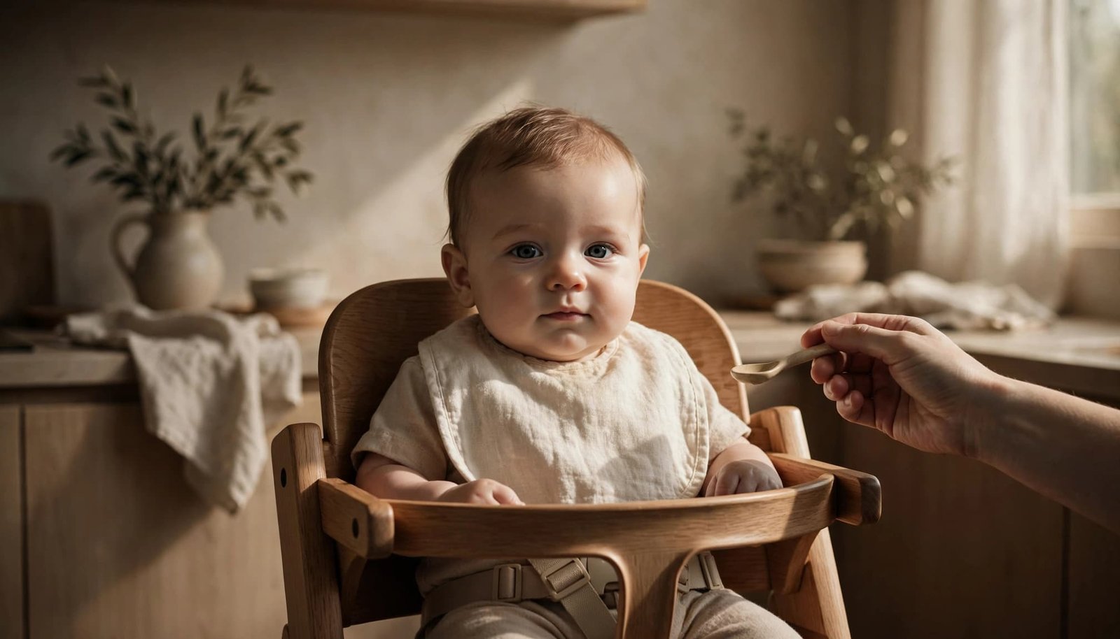 Baby in a high chair with a parent offering a spoon in a warm kitchen.