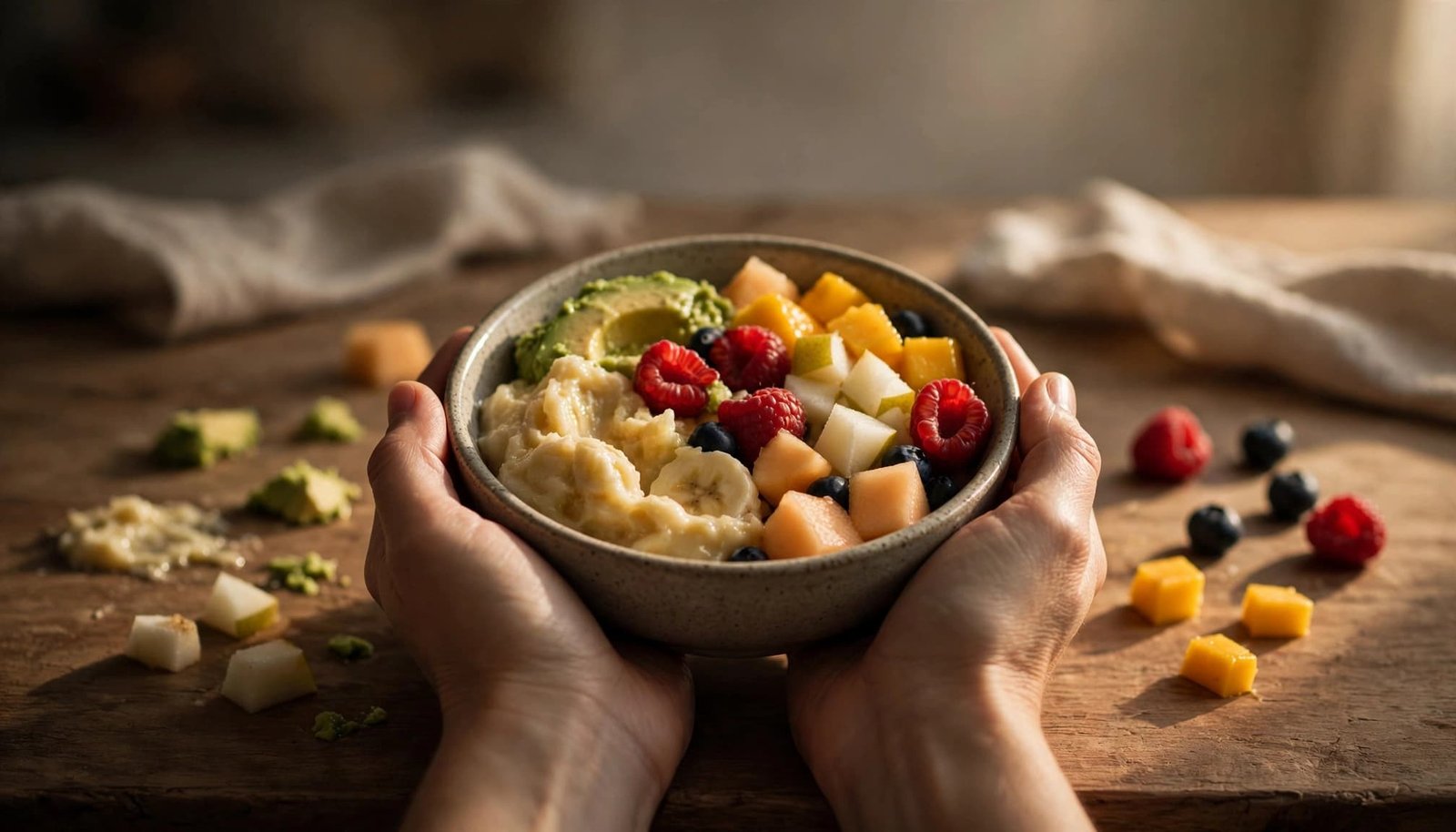 Caregiver hands present a bowl of mashed fruit and soft pieces on a wooden table.
