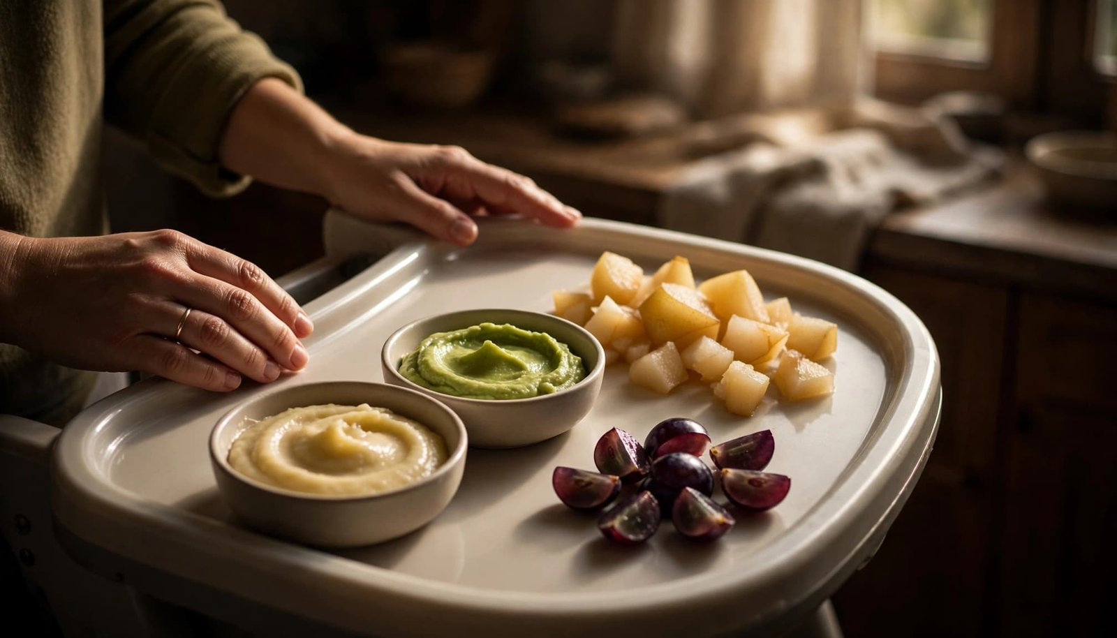 A baby tray with mashed fruit, soft pear pieces, and quartered grapes beside caregiver hands.