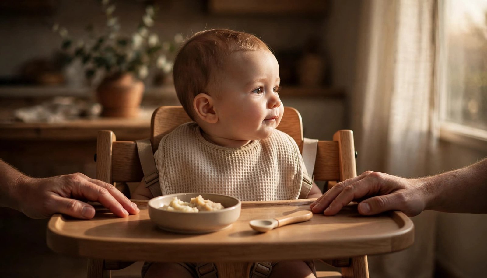 Baby in a high chair beside mashed food and a spoon.
