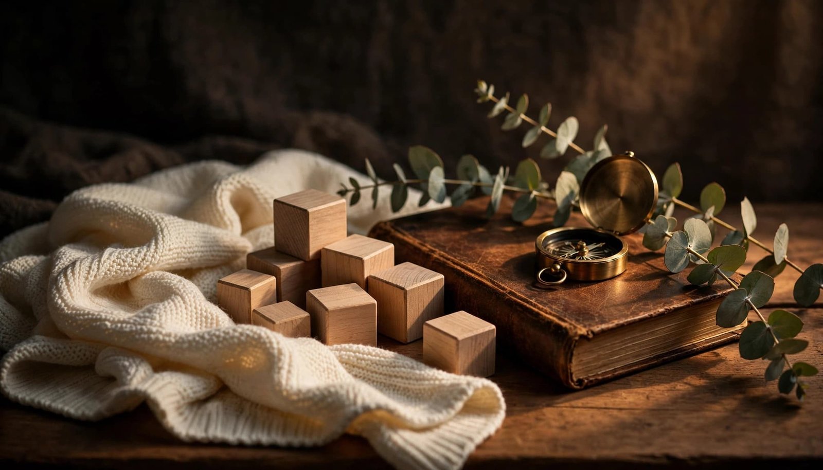 Baby-name objects arranged on a wooden surface in a warmly lit nursery.