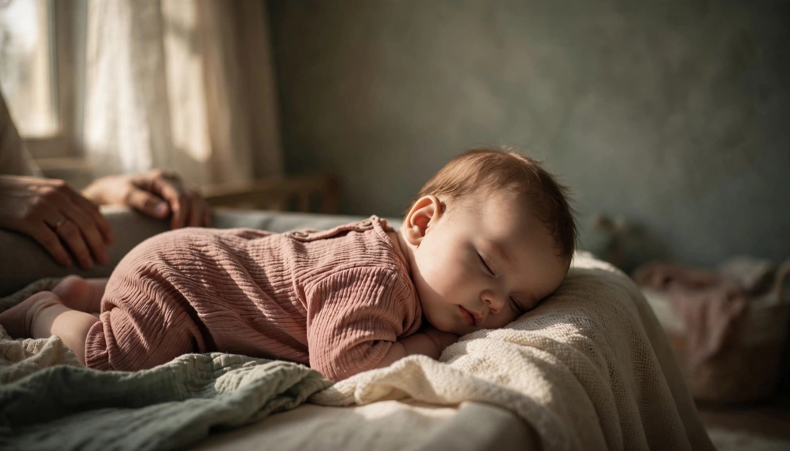 A baby turns away while resting in a softly lit nursery with adult hands nearby.