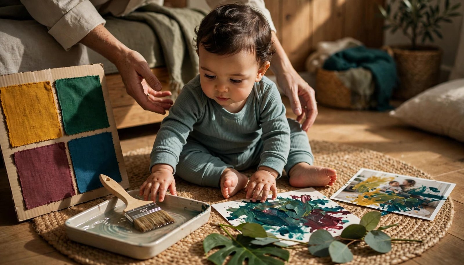 A baby explores four safe sensory art activities on a clean floor with a caregiver nearby.