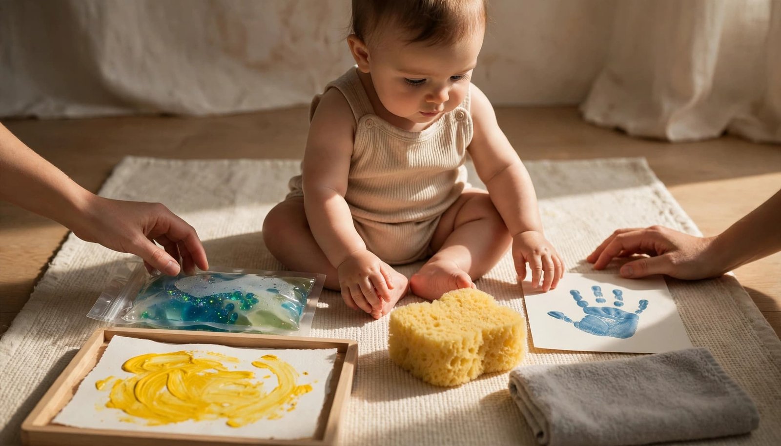 A baby explores paint, a sensory pouch, and art supplies on a clean mat with adult hands nearby.