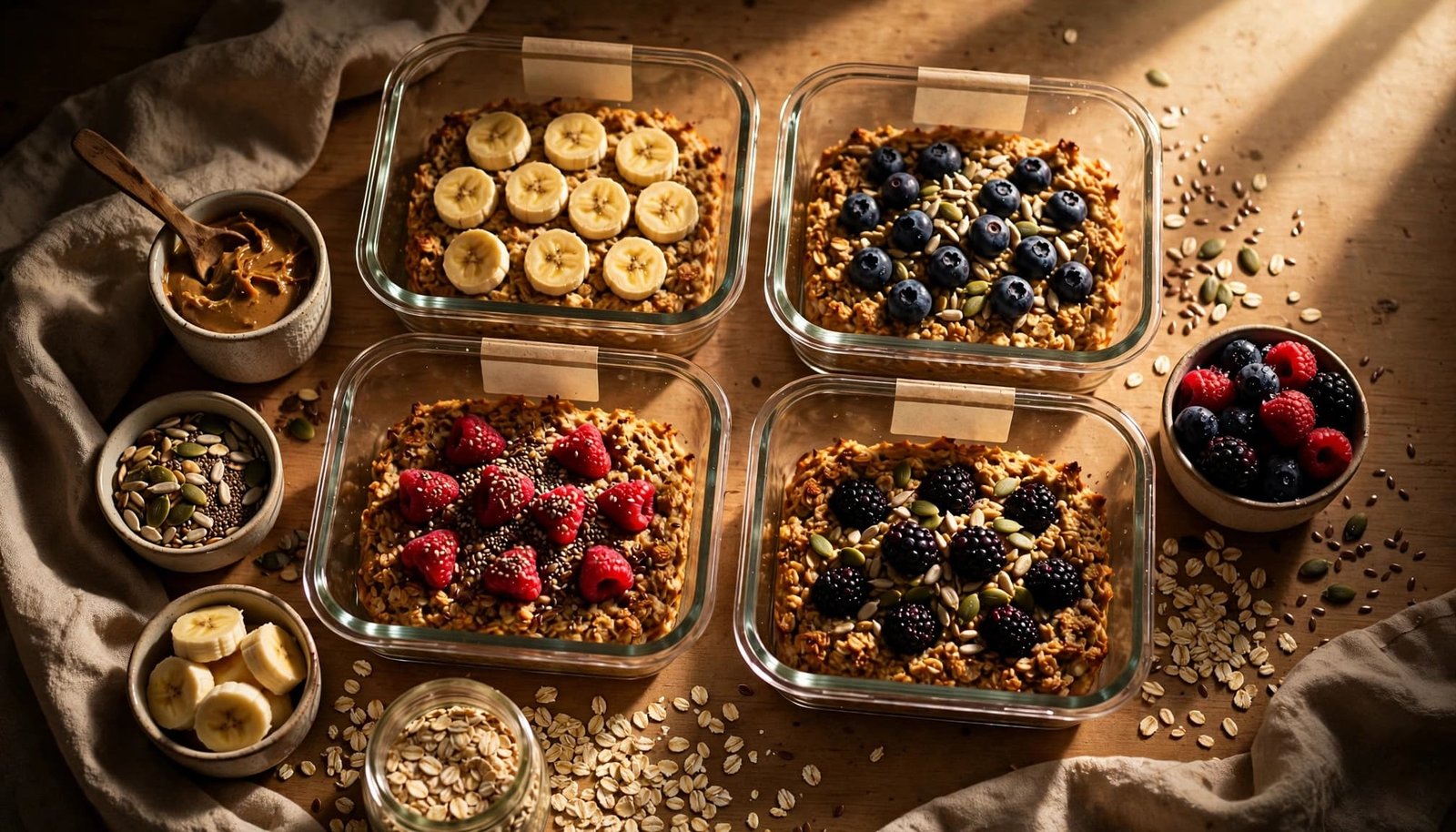 Four oatmeal portions sit beside berries, banana, seeds, and nut butter on a kitchen counter.