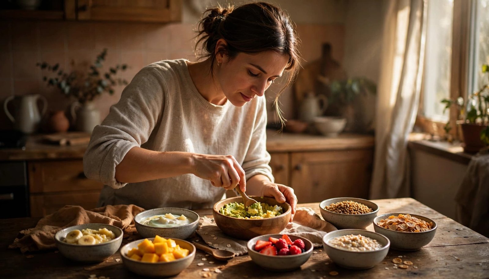 A caregiver arranges mashed fruit, yogurt, vegetables, grains, and soft egg for a baby meal.
