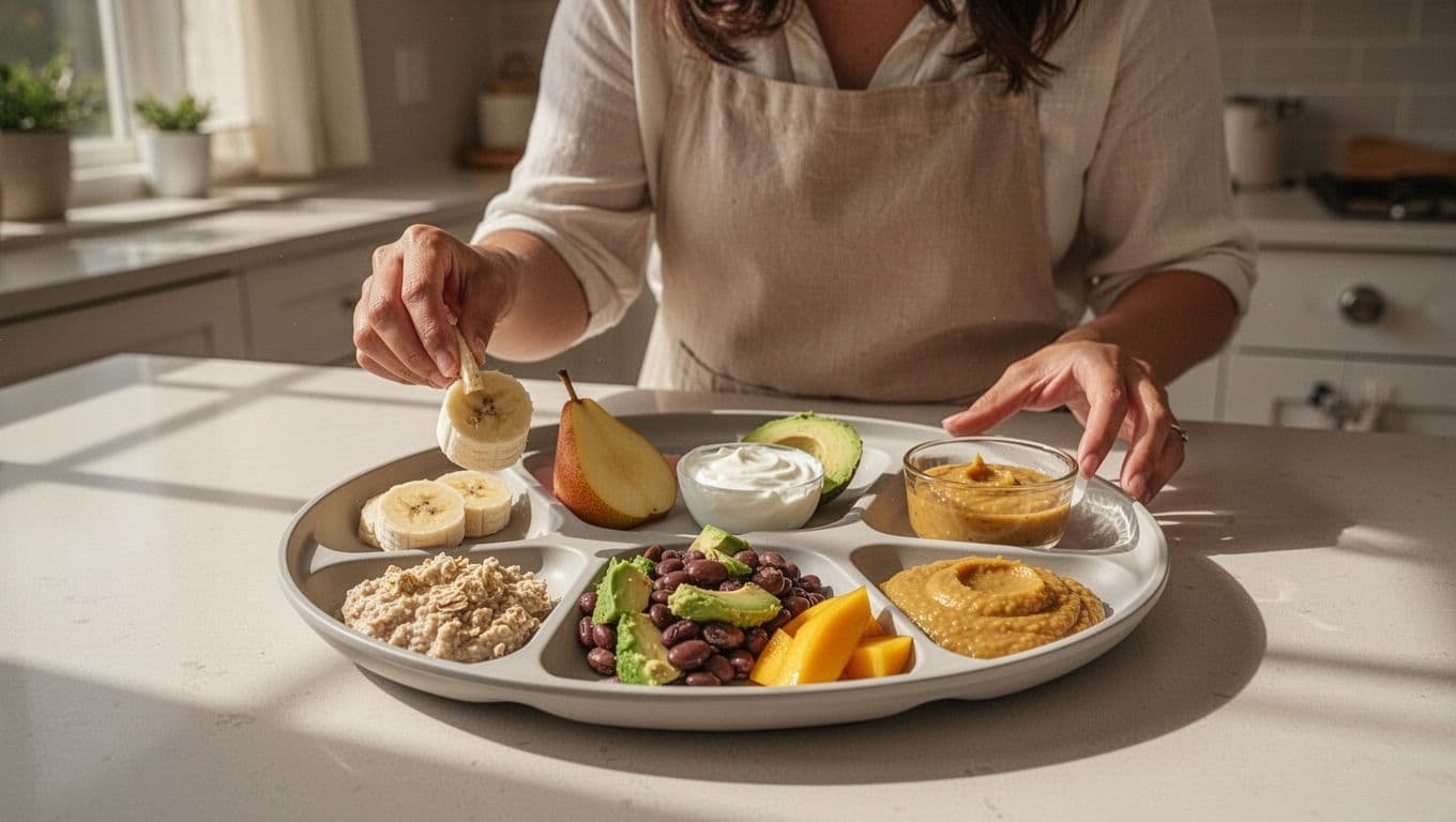 A caregiver prepares soft fruit pairings and purees on a divided baby plate.