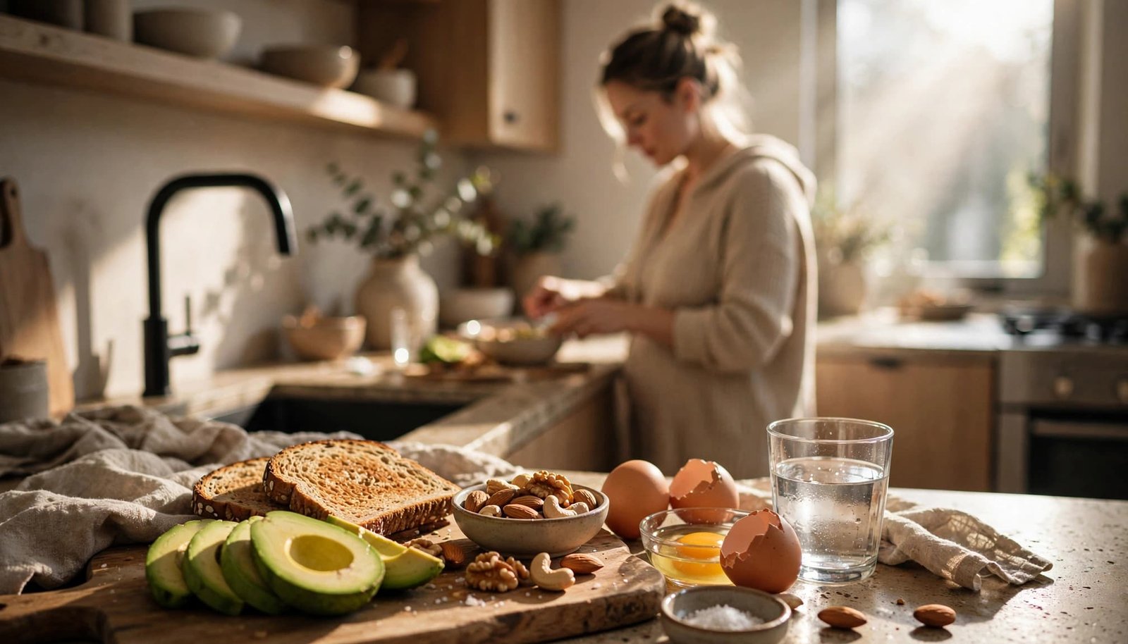 A breastfeeding parent prepares a balanced meal with avocado, toast, eggs, nuts, and water.
