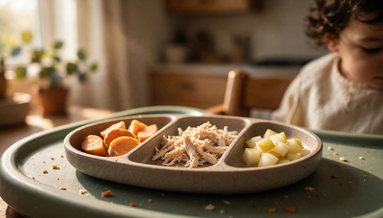 A divided plate with sweet potato, shredded chicken, and pear for a toddler.