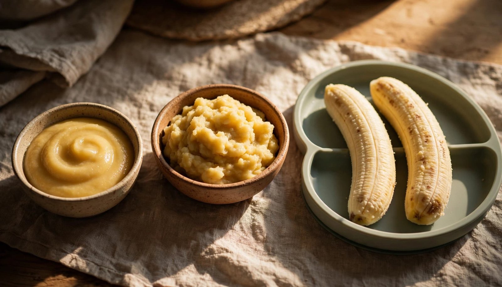Banana puree, mash, and soft spears arranged on a child-safe plate.