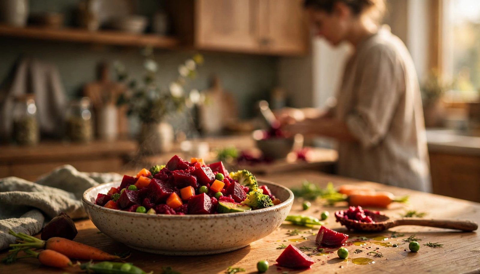 Bowl of beetroot and vegetables with a parent preparing food behind it.