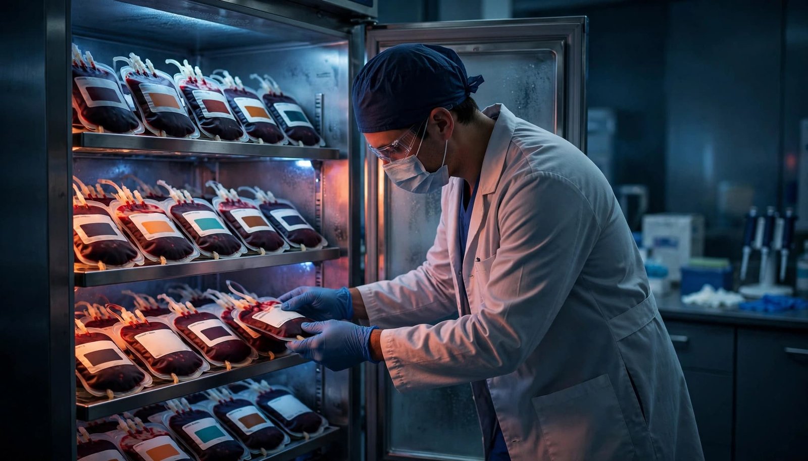 A technician arranges red blood cell units in a hospital refrigerator.
