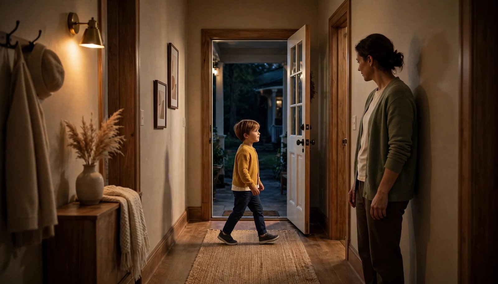 A child steps toward an open door while a parent offers quiet support.
