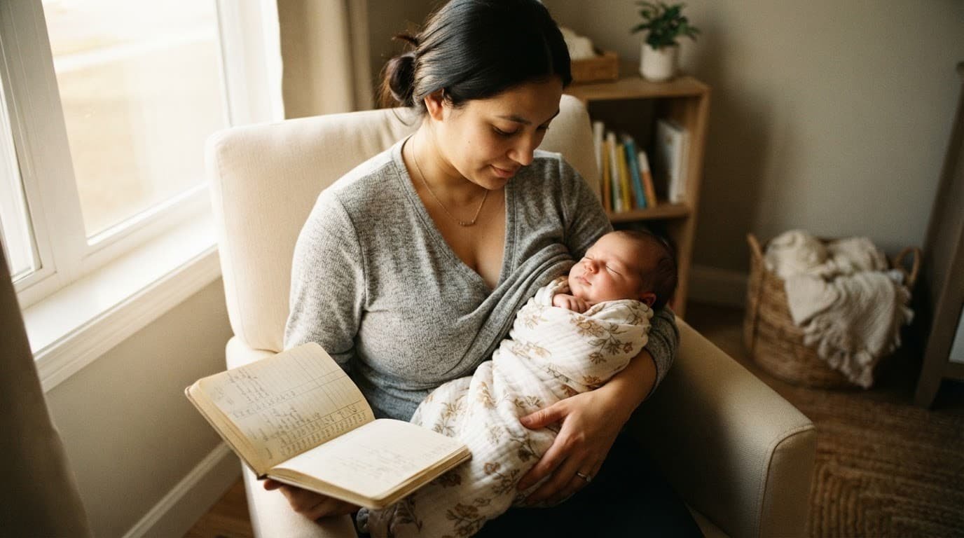 A parent reviews a paper feeding log while a newborn rests calmly in a warm nursery.