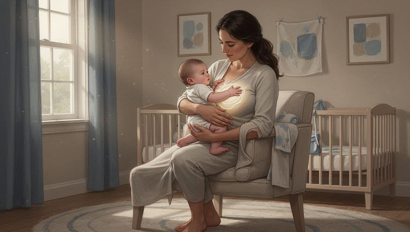 A parent breastfeeds an infant beside a softly lit nursery window.