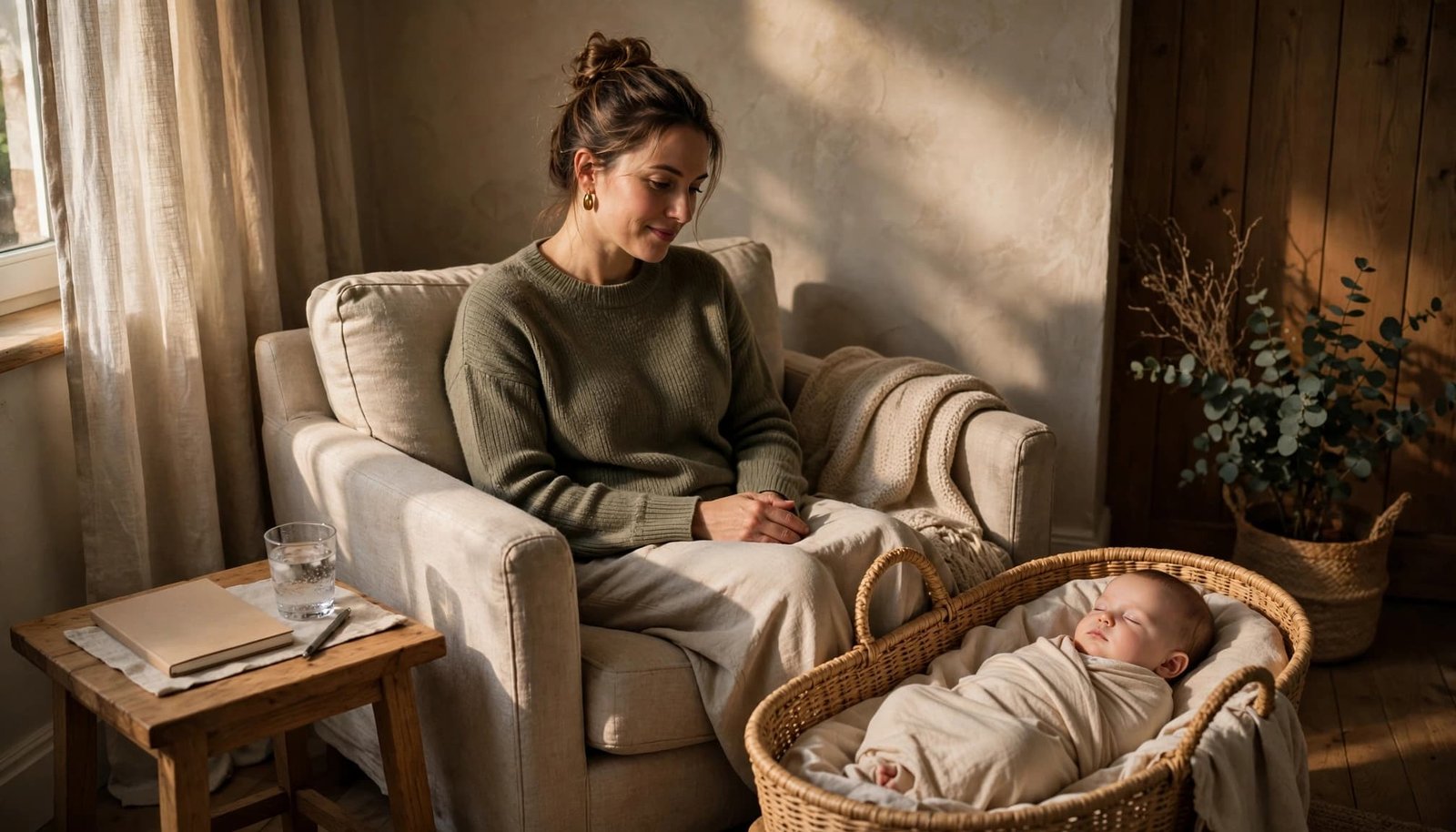 Mother sits beside her baby with a notebook and water glass nearby.