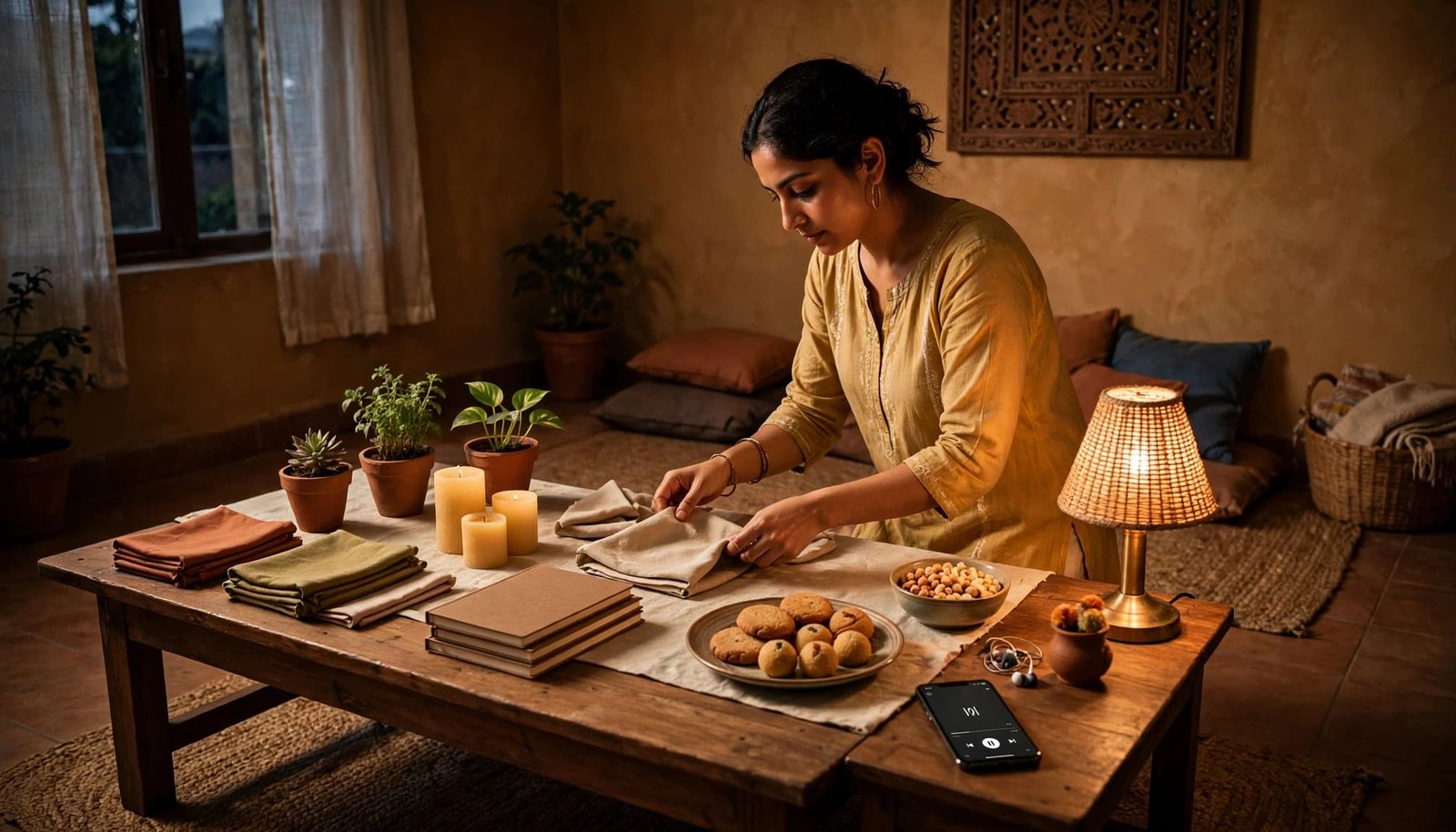 One host arranges party decor, snacks, candles, and small plant prizes in a cozy living room.