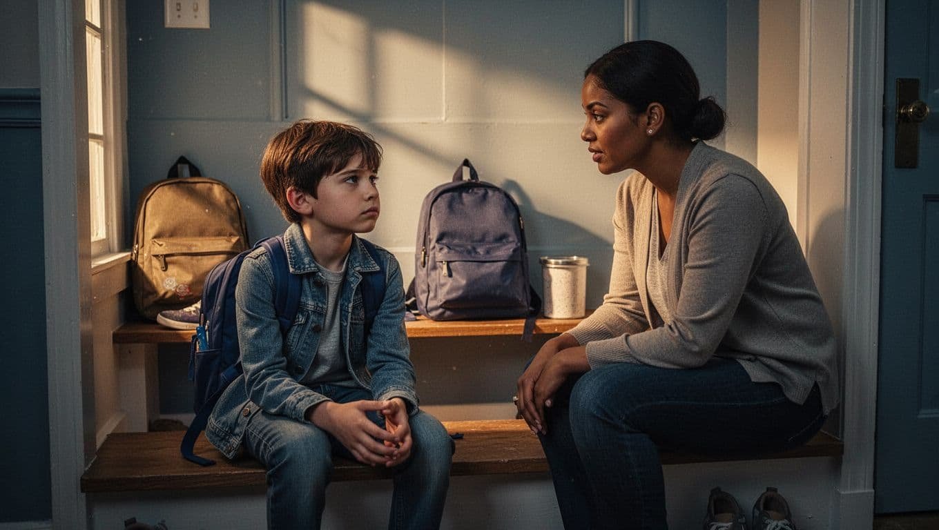 A parent listens calmly as a tired child sits near a backpack and lunch container.