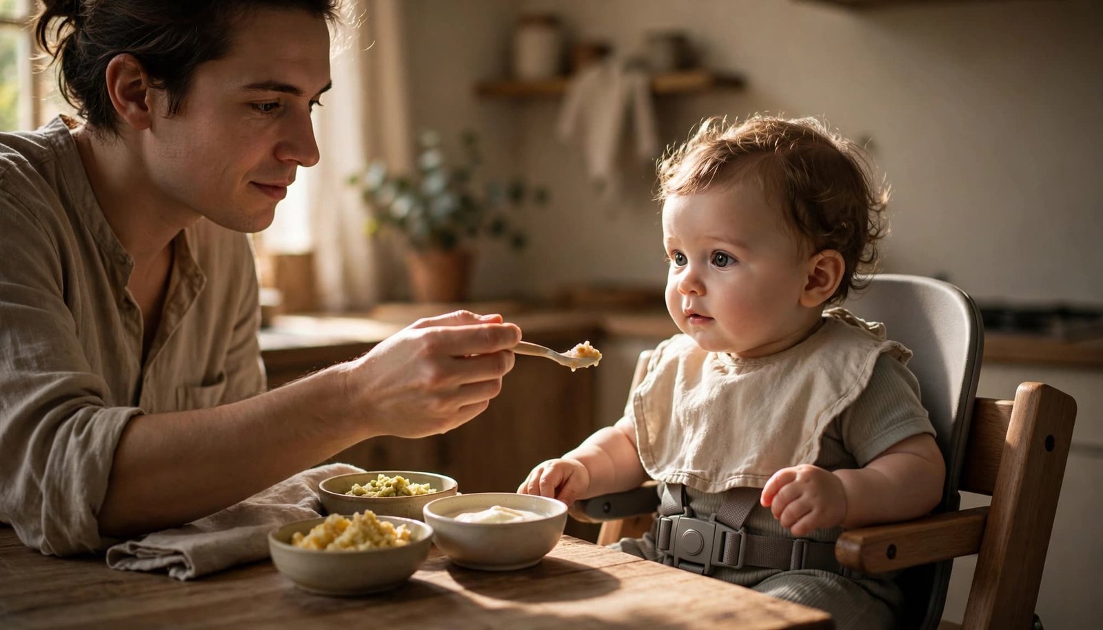 A parent feeds a baby seated in a high chair beside small bowls of soft foods.