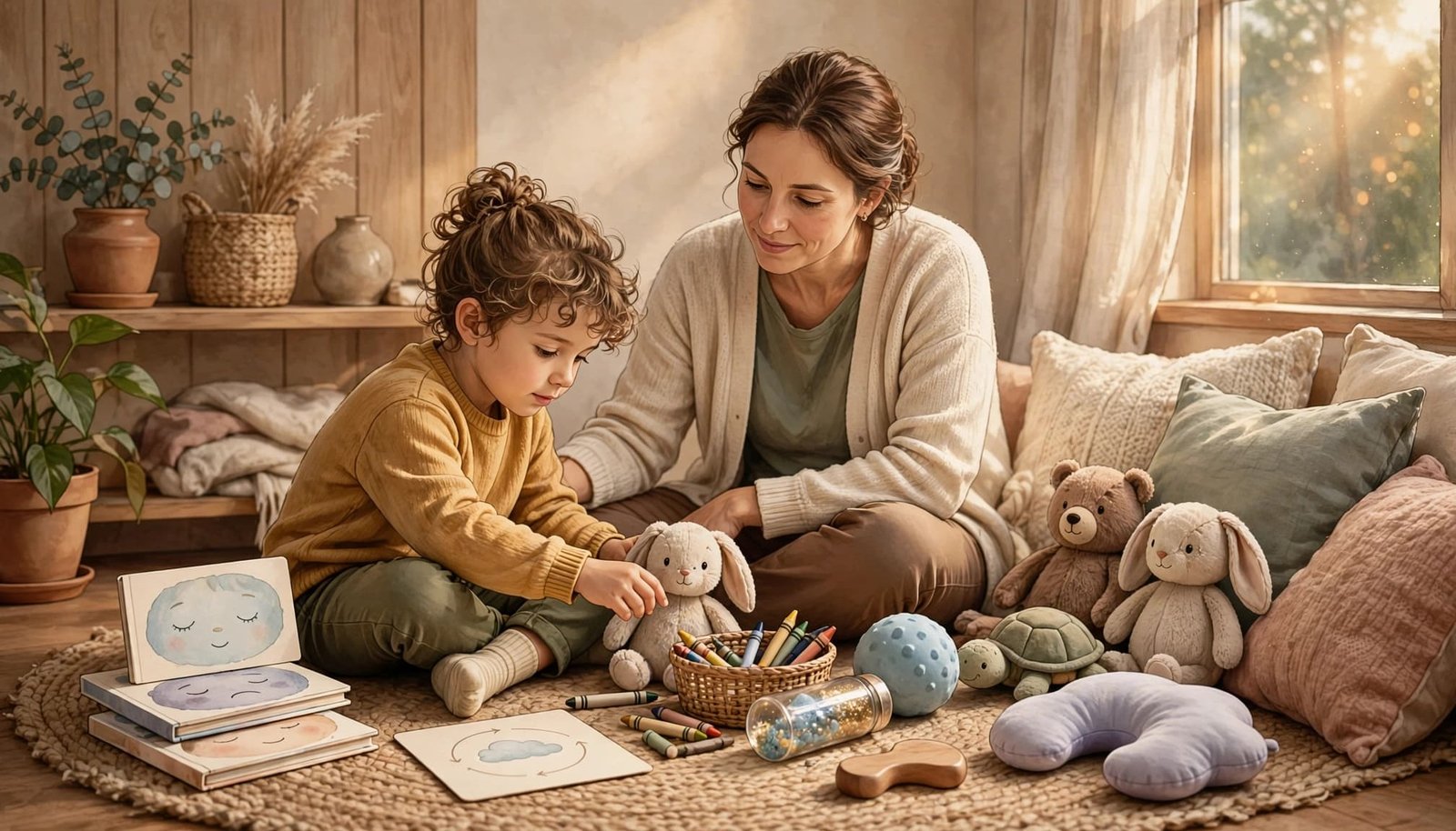 A child relaxes in a pillow-filled corner while a parent sits nearby.
