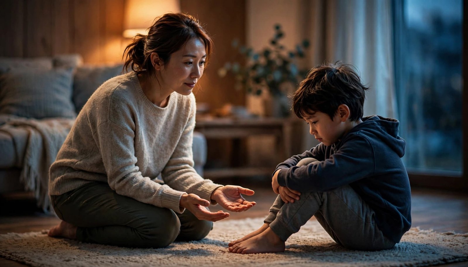 A parent kneels calmly near a child sitting on a rug.