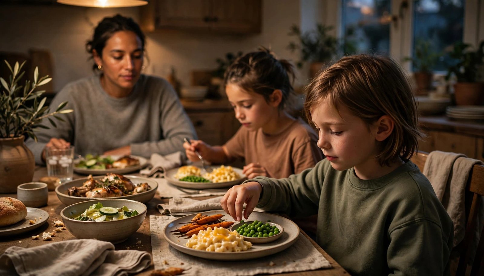 A parent and two children share dinner with familiar and new foods.