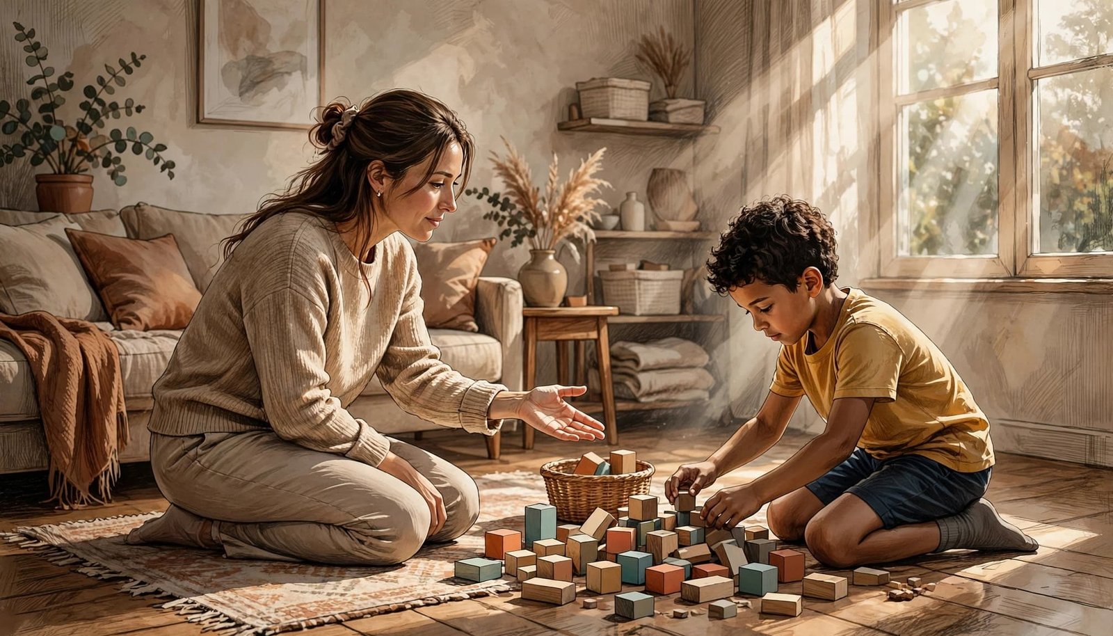 A parent calmly guides a child cleaning up spilled blocks in a warm living room.