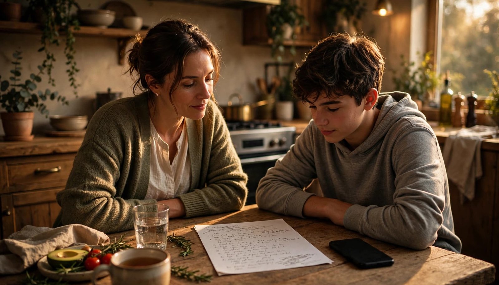 A parent and teenager discuss household rules at a kitchen table with a phone nearby.