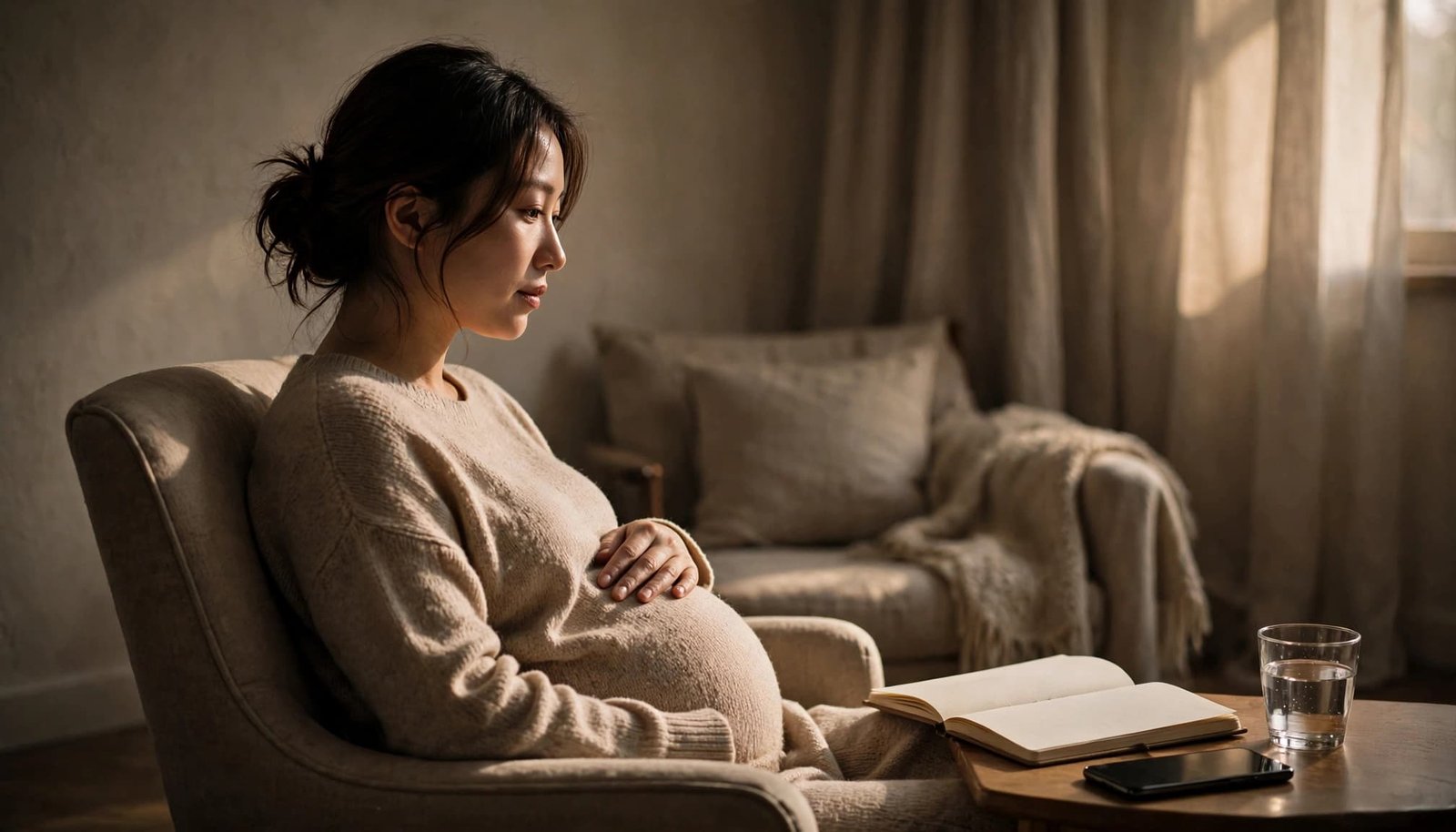 Pregnant person tracking movement in a journal beside a phone and glass of water.
