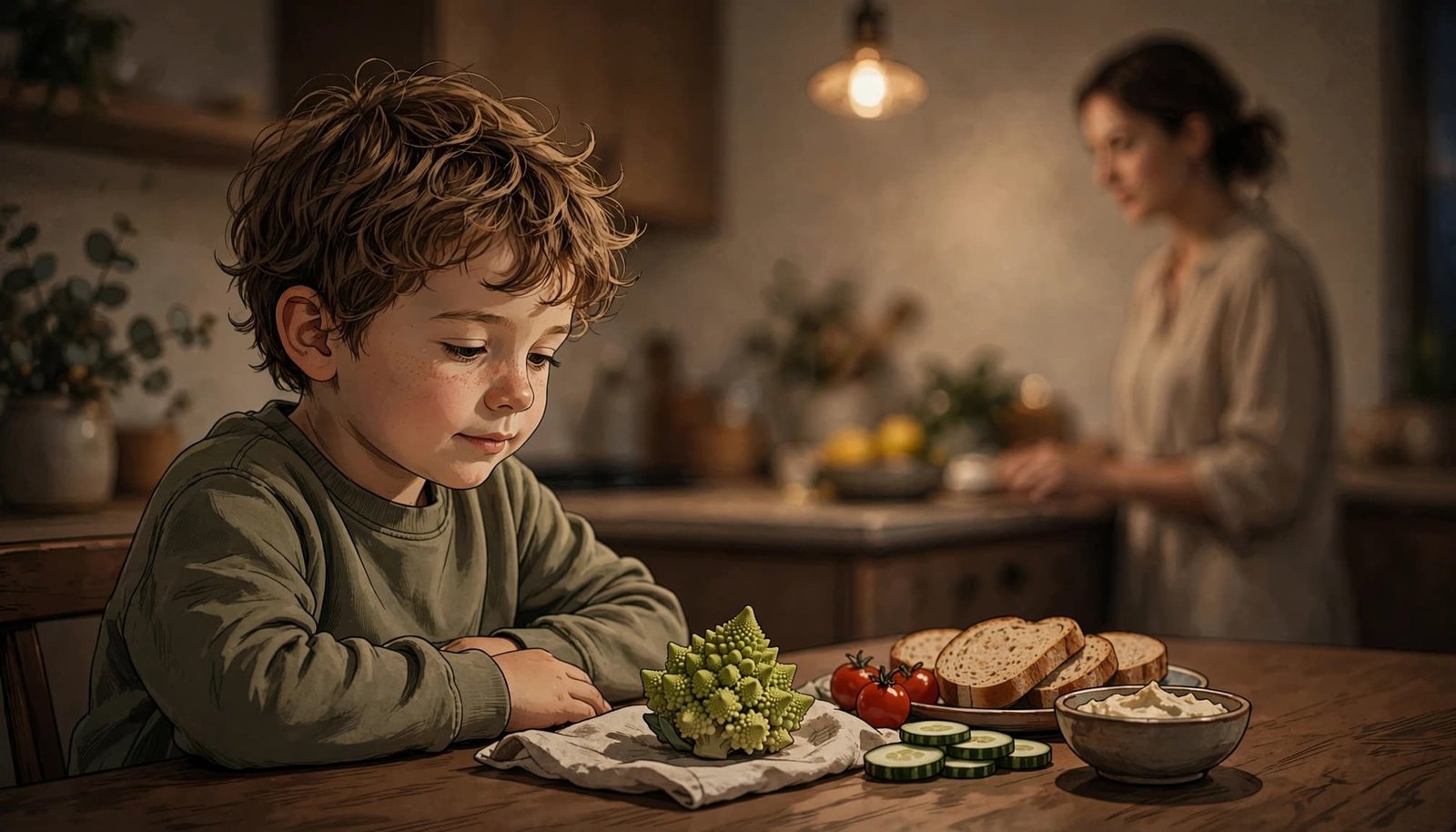 A child calmly examines a new vegetable beside familiar food as a parent watches nearby.