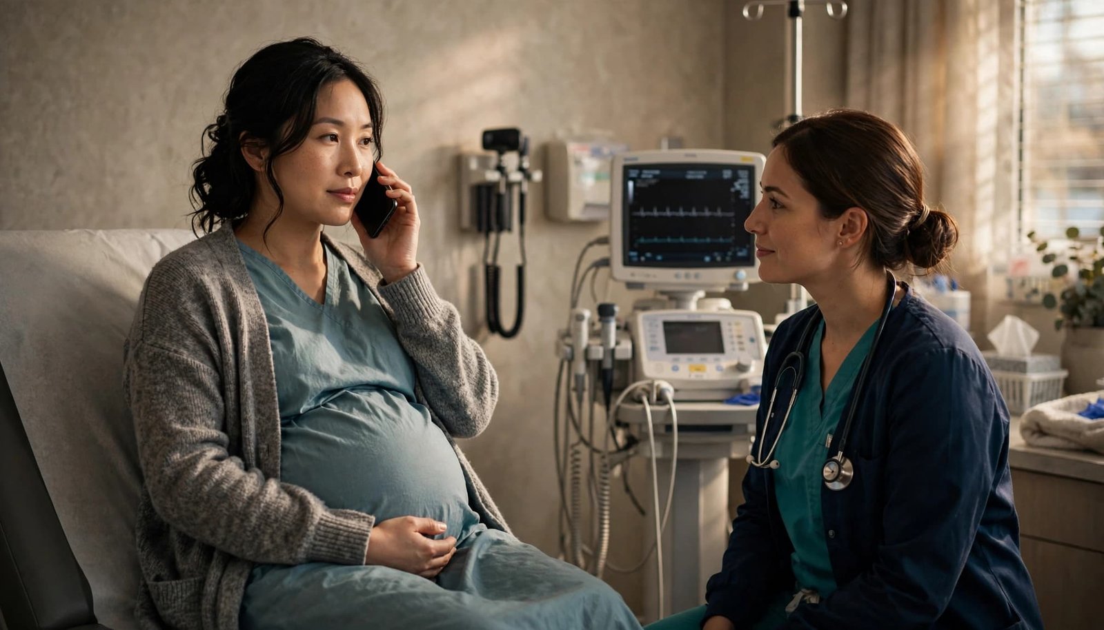 A pregnant person speaks on a phone while a nurse listens in a maternity room.
