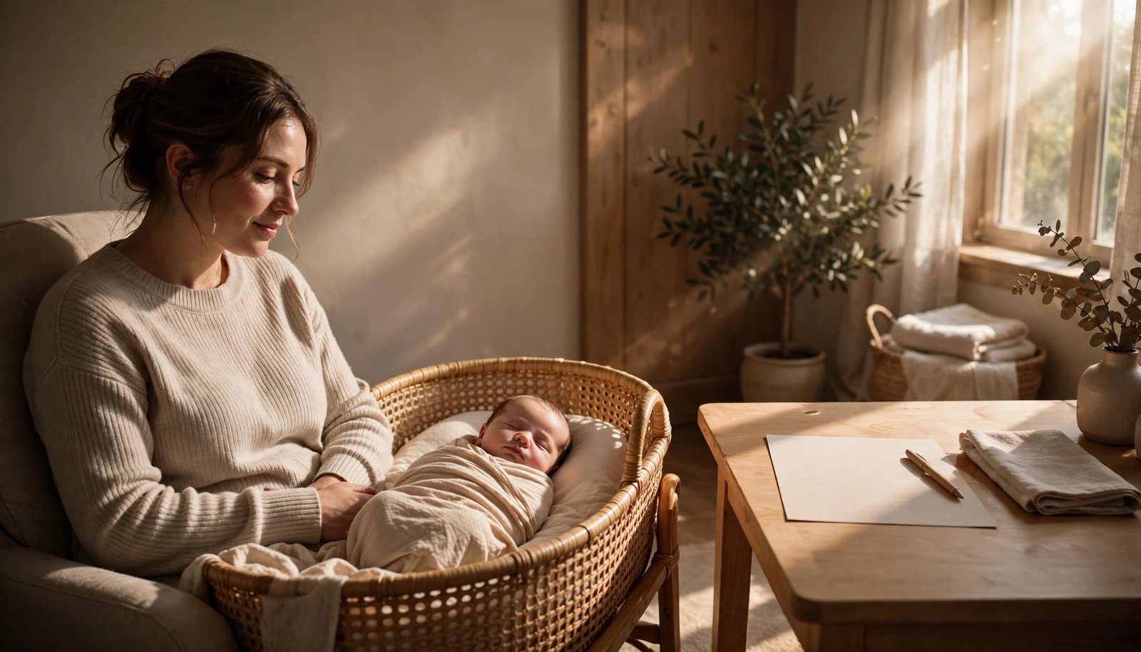 Mother sitting beside a sleeping newborn with a feeding log nearby.