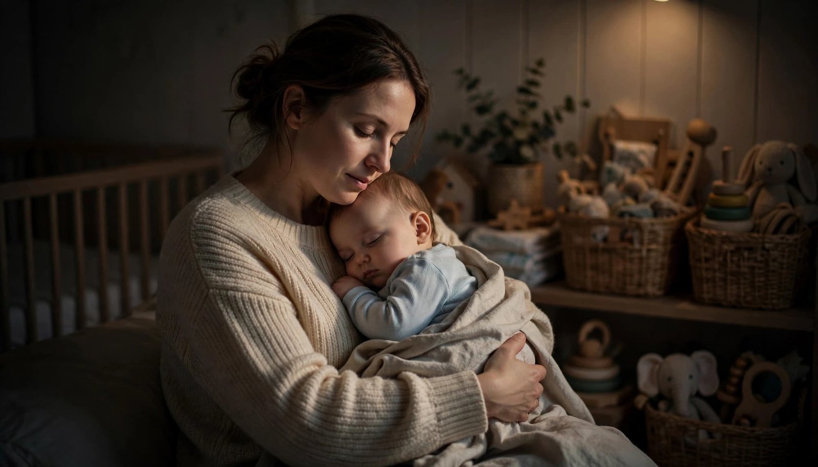 A caregiver holds a resting infant under a blanket in a softly lit nursery.