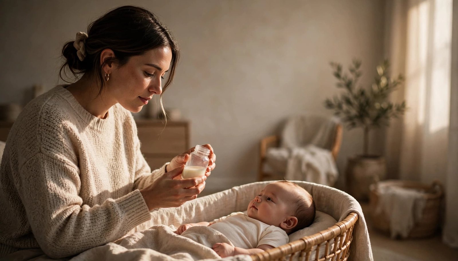 Caregiver prepares a small milk bottle beside a calm infant in a warm nursery.