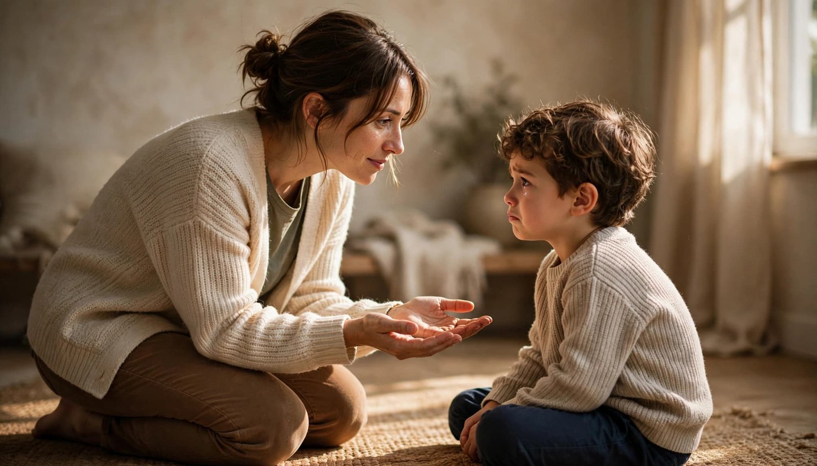 A parent calmly speaks with an upset child in a warm living room.