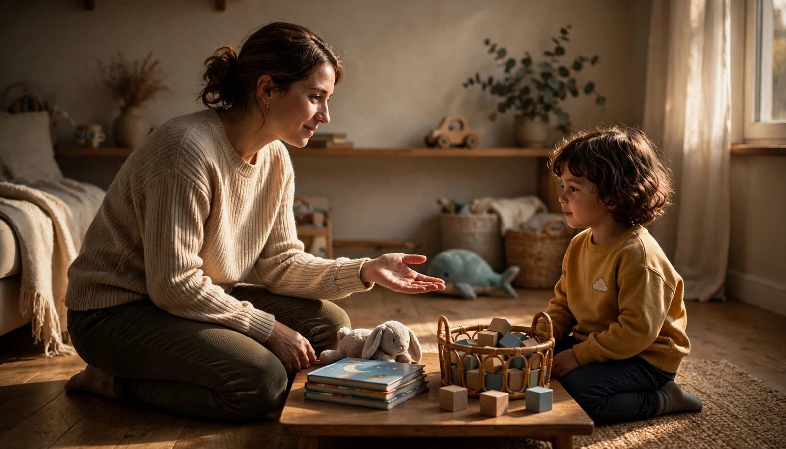 A parent calmly offers a child two choices in a warm living room.