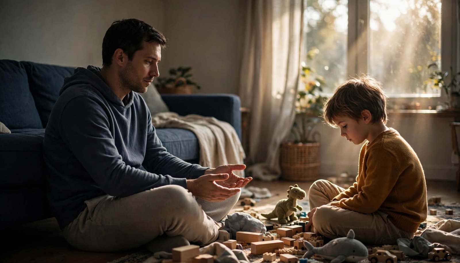 A parent sits calmly near a child and scattered toys.