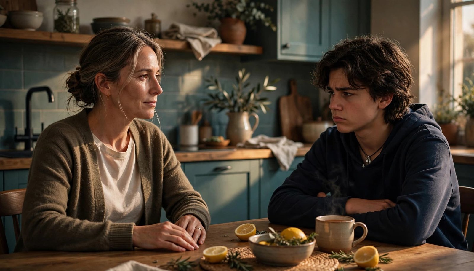 A parent and frustrated teenager talk calmly in a warmly lit kitchen.