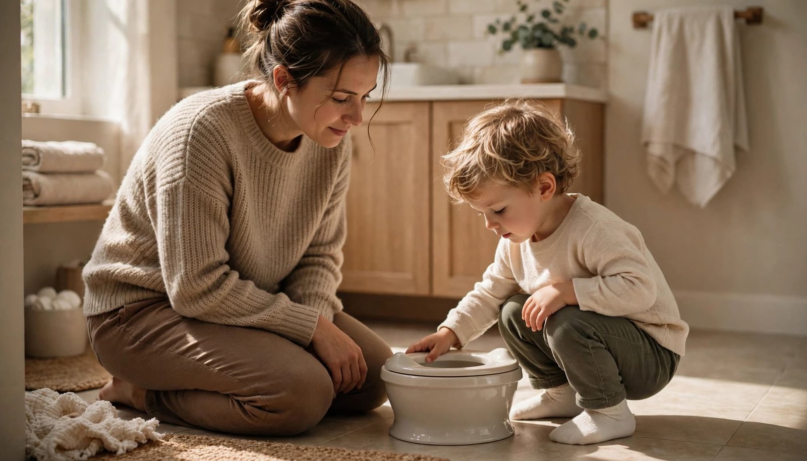 A toddler explores a small potty while a parent kneels nearby.