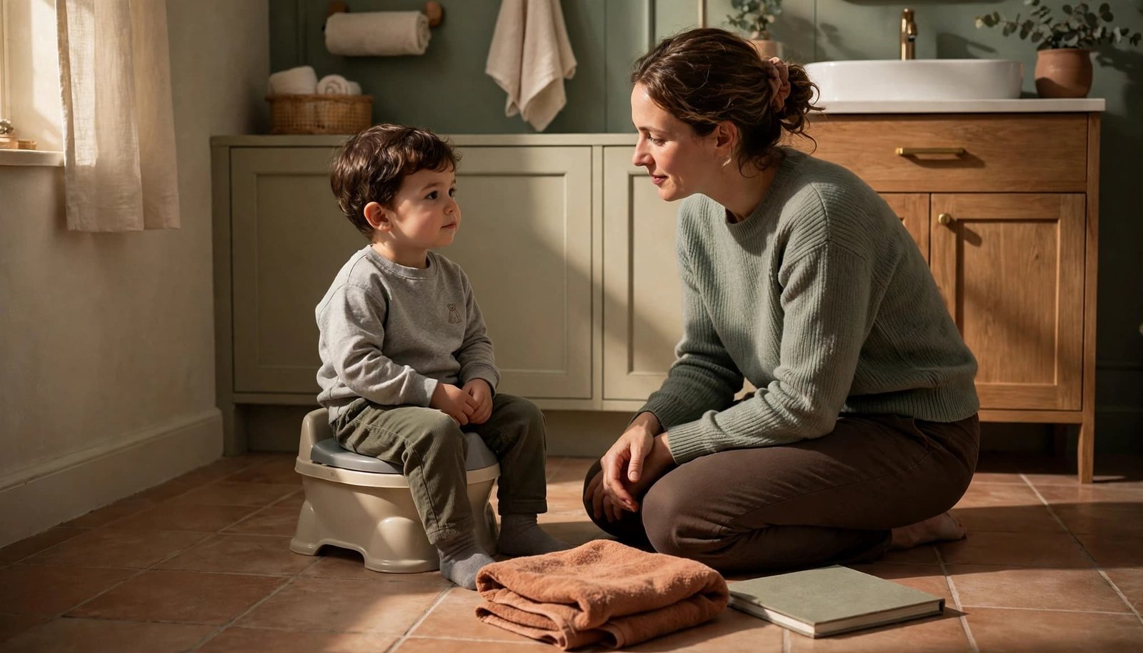 A parent reassures a toddler sitting on a small potty in a tidy bathroom.