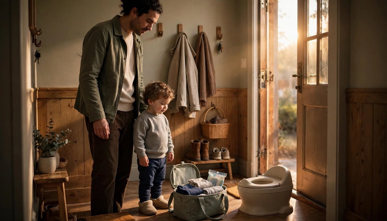 Parent and toddler prepare to leave beside a child-sized potty and small backup bag.