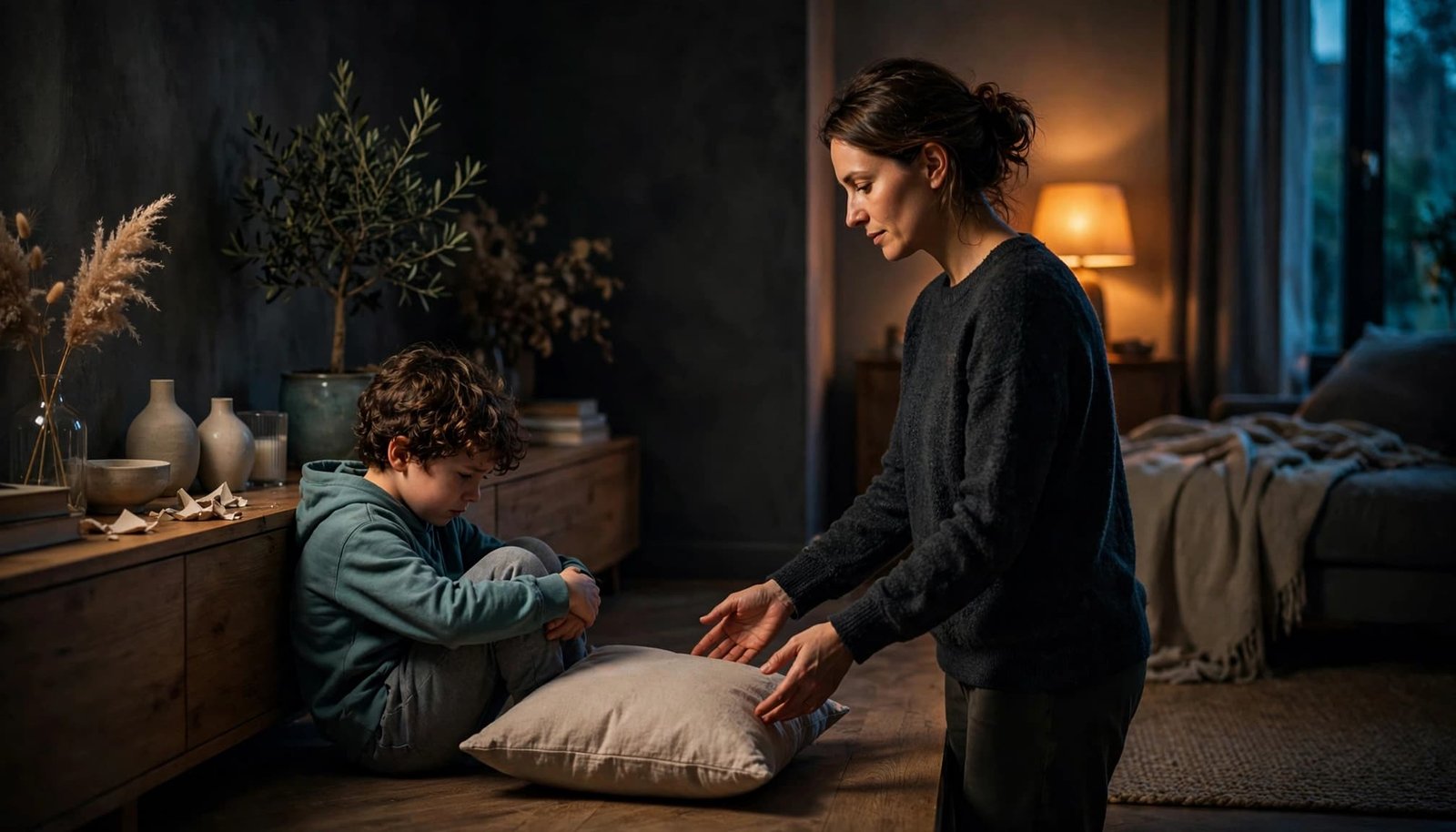 A parent calmly creates space between a child and breakable objects.