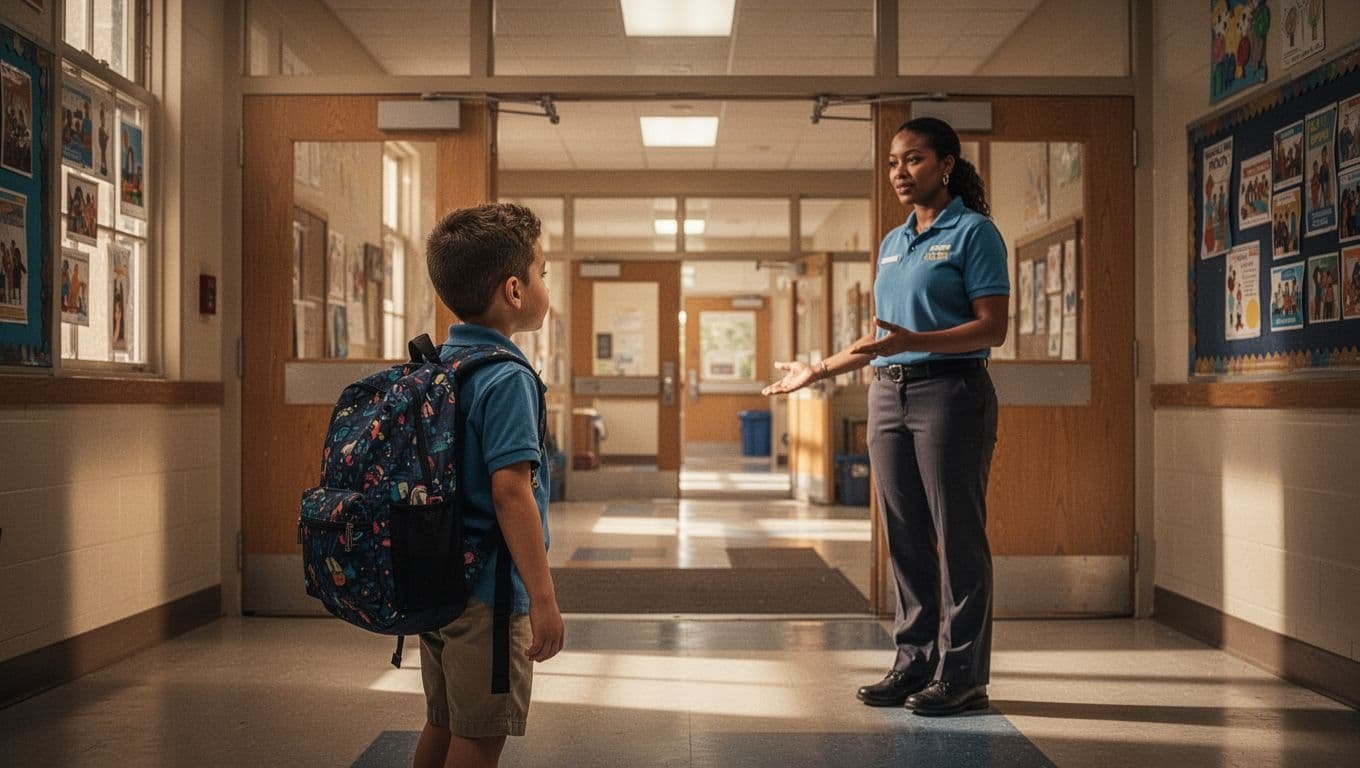 A child with a backpack stands near a school entrance as an adult offers reassurance.