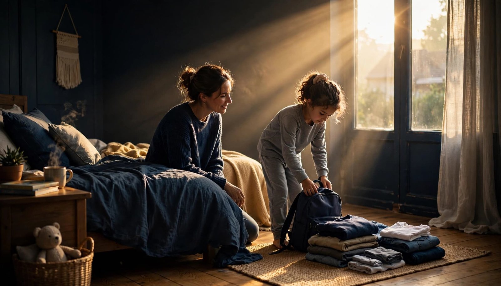 A child sets a backpack beside clothes while a parent watches in a sunny bedroom.