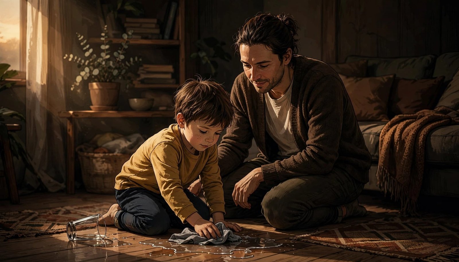 A child wipes a spill while a supportive parent kneels nearby.