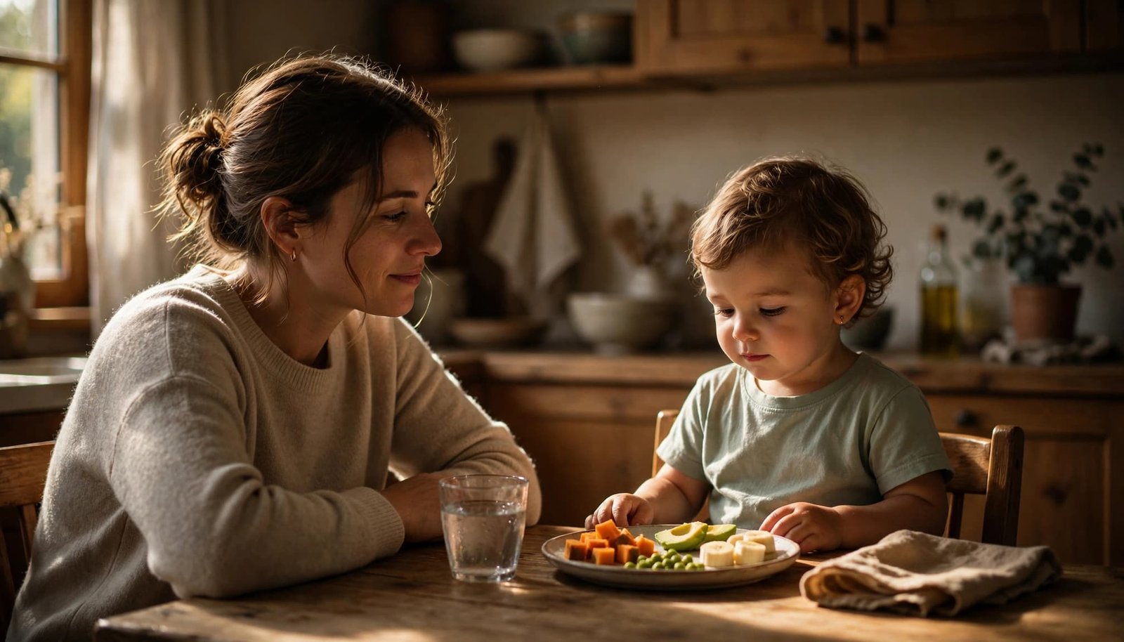 Toddler eating soft foods at a kitchen table with a parent nearby.