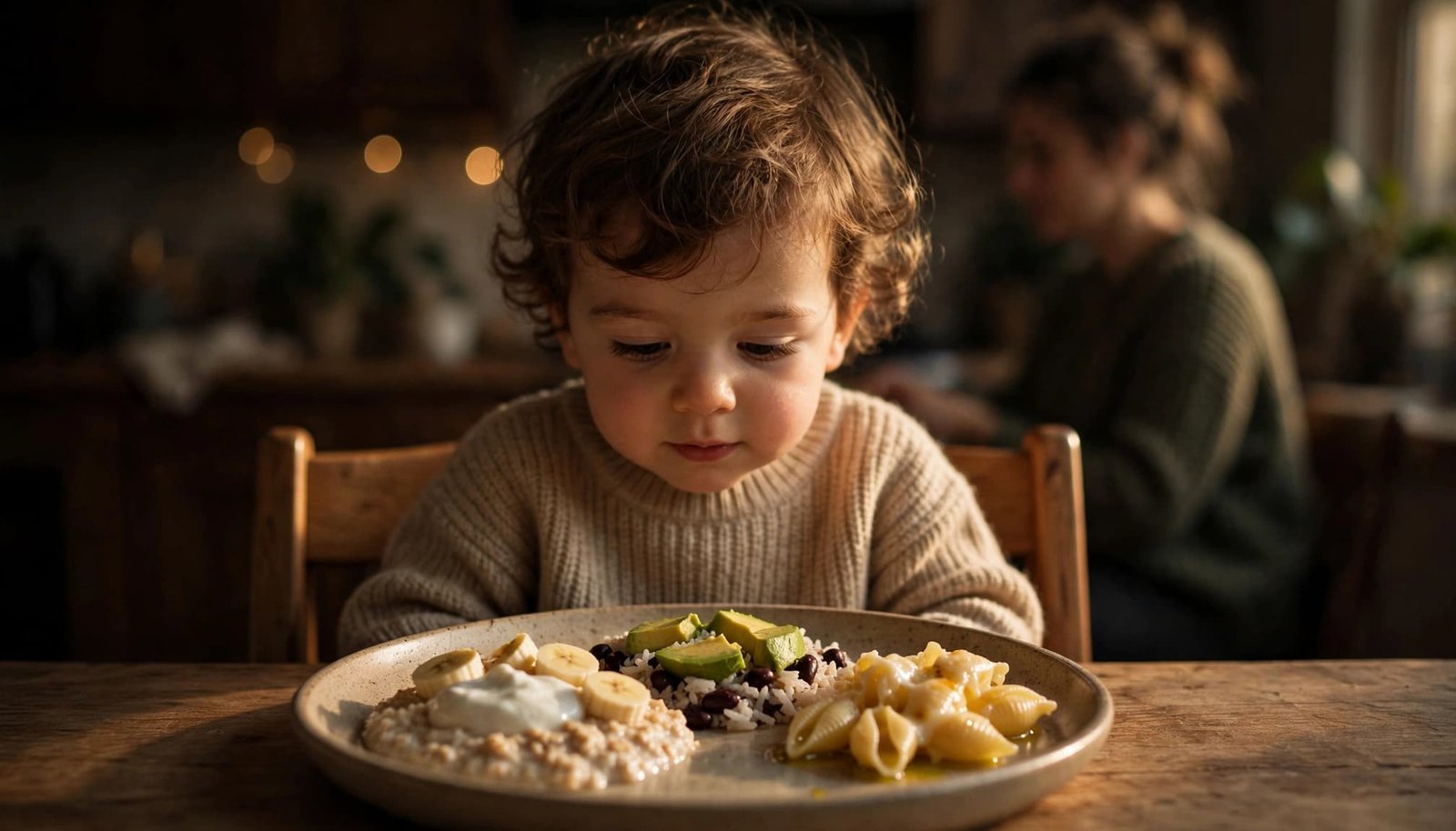 A toddler sits beside a small plate of soft, calorie-dense foods at a kitchen table.